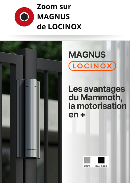 MAGNUS de LOCINOX : charni&egrave;re motoris&eacute;e combin&eacute;e &agrave; un ferme-portillon automatique